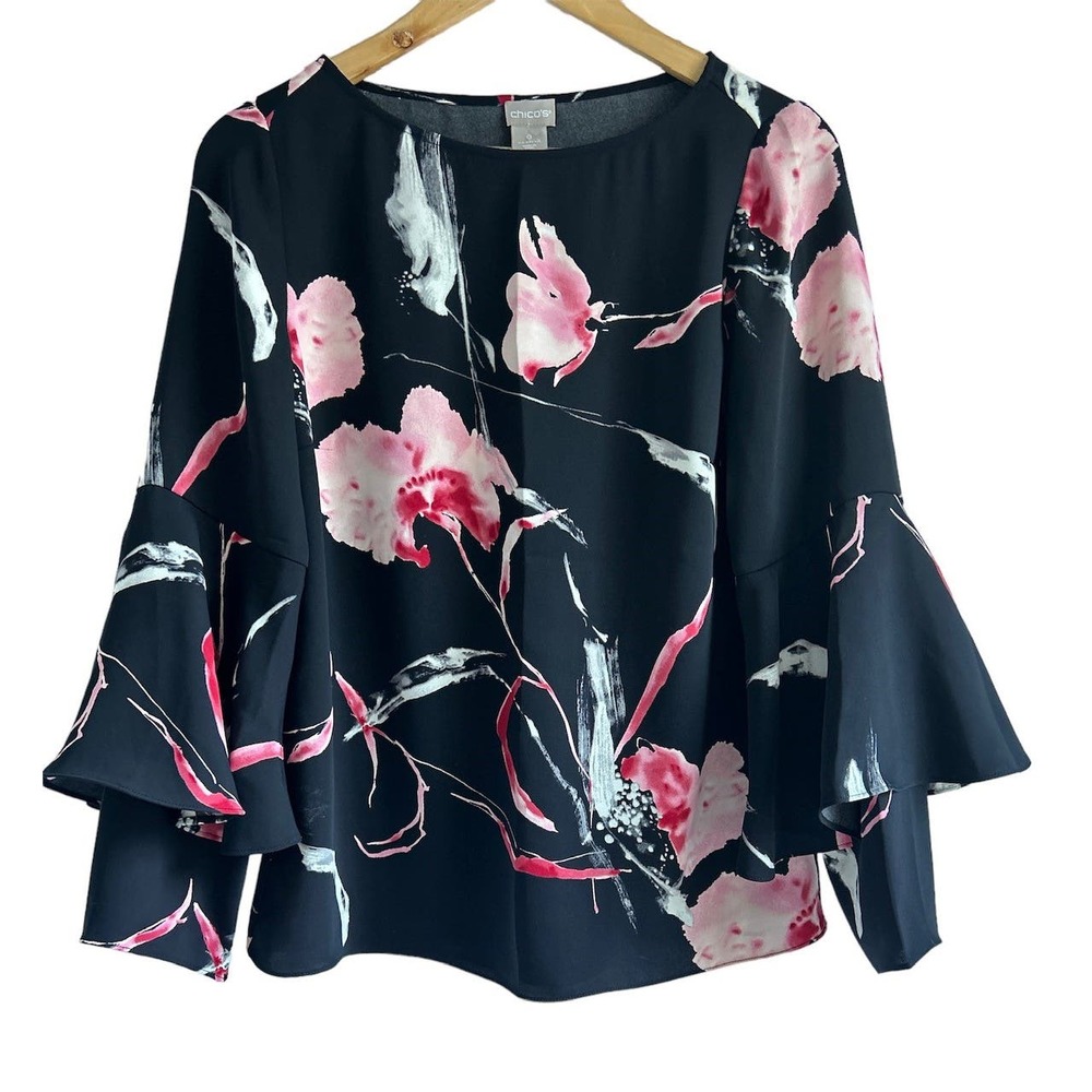 Chicos Women’s Size Small Orchid Floral Tiered Sleeve Blouse Top